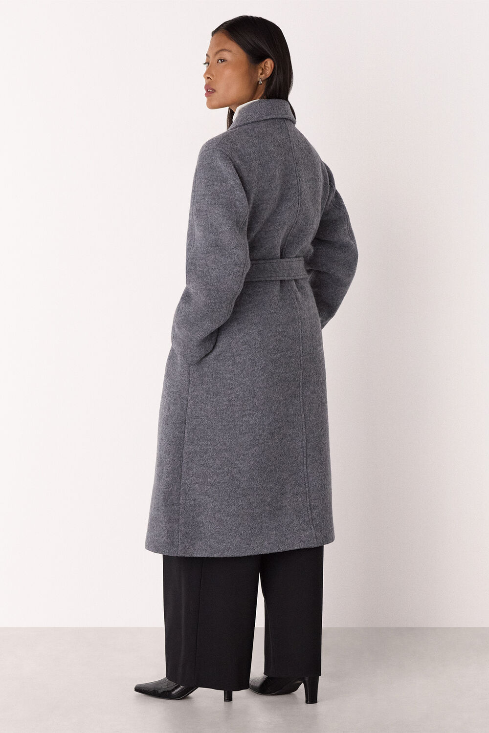 Grey Petite Long Belted Wool Coat